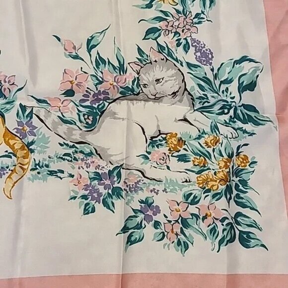 Vintage AVON Floral Cat Print Scarf Pink Border Kittens Playful Animal Pet - Picture 4 of 6